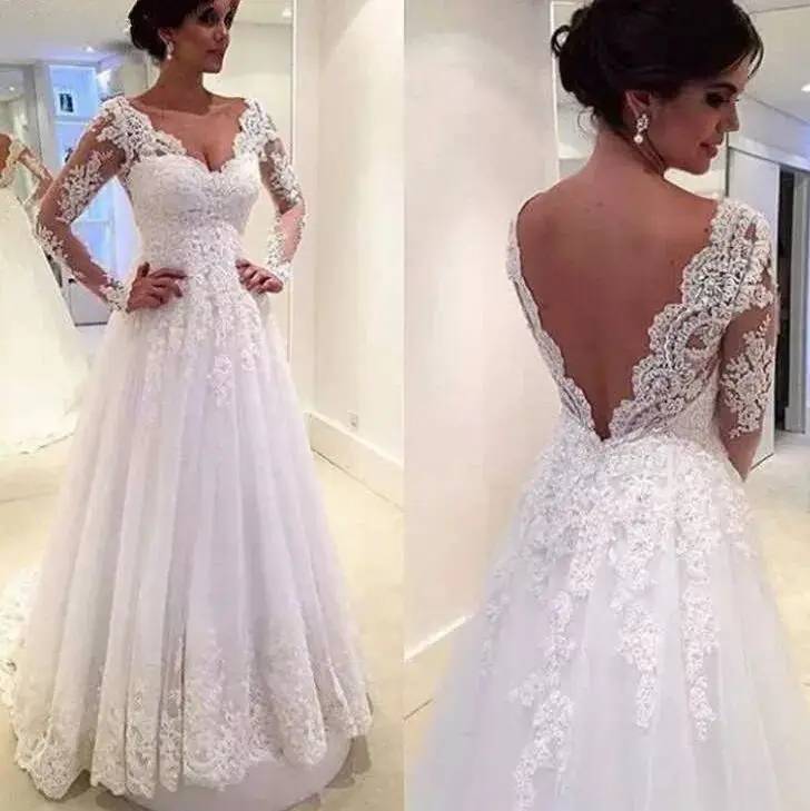 A-Line V Neck Plus Size Wedding Dresses Open Back Long Sleeves Lace Appliques Bride Dress Floor Length vestido de novia Elegant 
A-Line V Neck Plus Size Wedding Dresses Open Back Long Sleeves Lace Appliques Bride Dress Floor Length vestido de novia Elegant