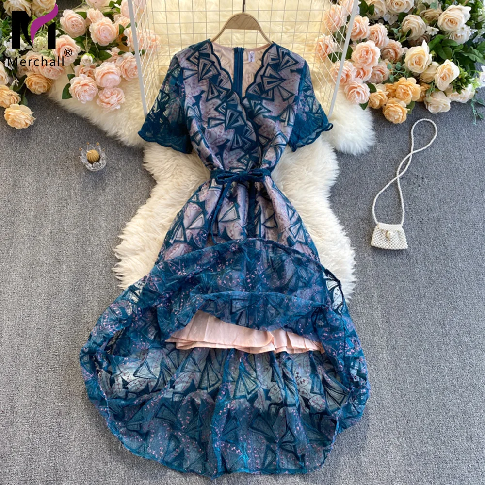 Vintage Floral Embroidered Short Sleeve Blue Bow Mesh Dress Elegant Wavy Edge V Neck Lace-Up Boho Lace Embroidery Vestidos
Vintage Floral Embroidered Short Sleeve Blue Bow Mesh Dress Elegant Wavy Edge V Neck Lace-Up Boho Lace Embroidery Vestidos