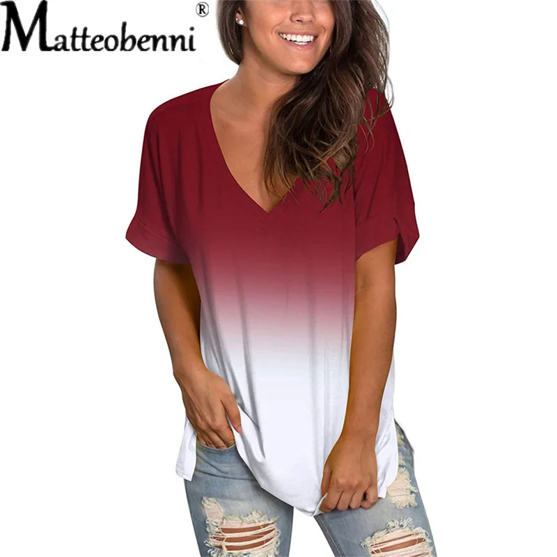 Женская футболка с коротким рукавом, V-образным вырезом и принтом 
Женская футболка с коротким рукавом, V-образным вырезом и принтом