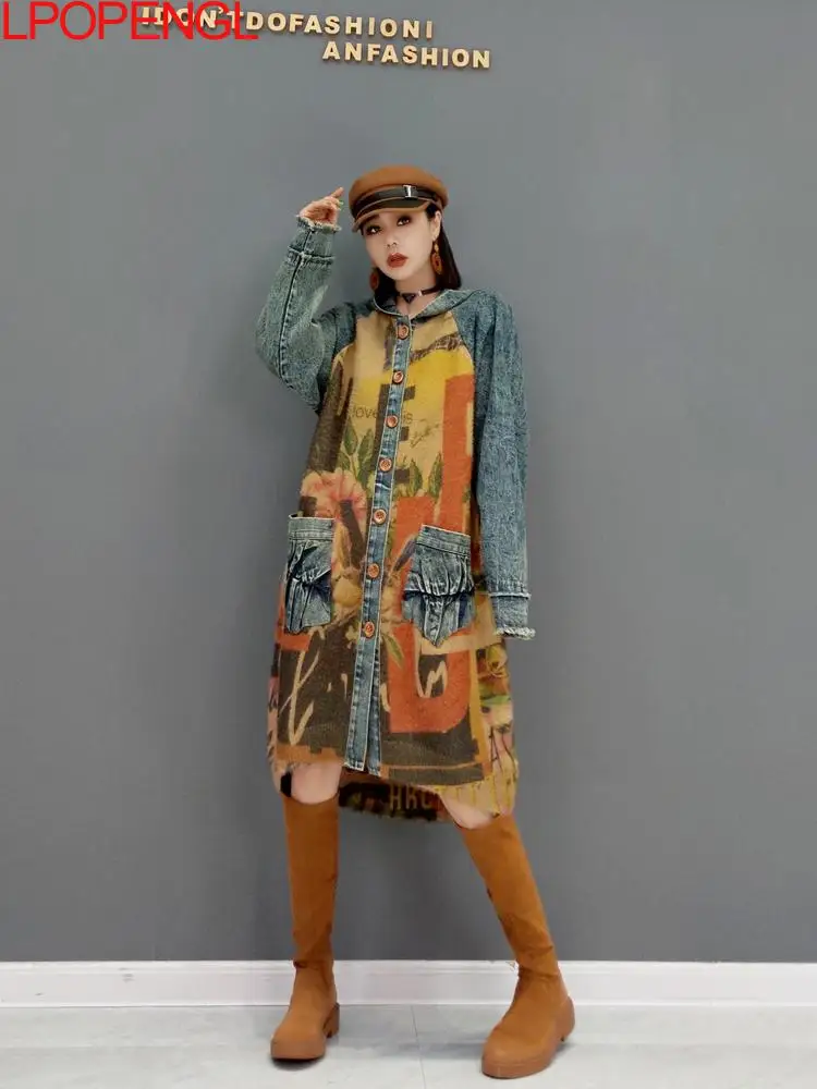Single Breasted New Knitting Splicing Denim Coat Fashion Contrast Color Flowers Pattern Spring And Autumntrendy Hooded Collar
Single Breasted New Knitting Splicing Denim Coat Fashion Contrast Color Flowers Pattern Spring And Autumntrendy Hooded Collar