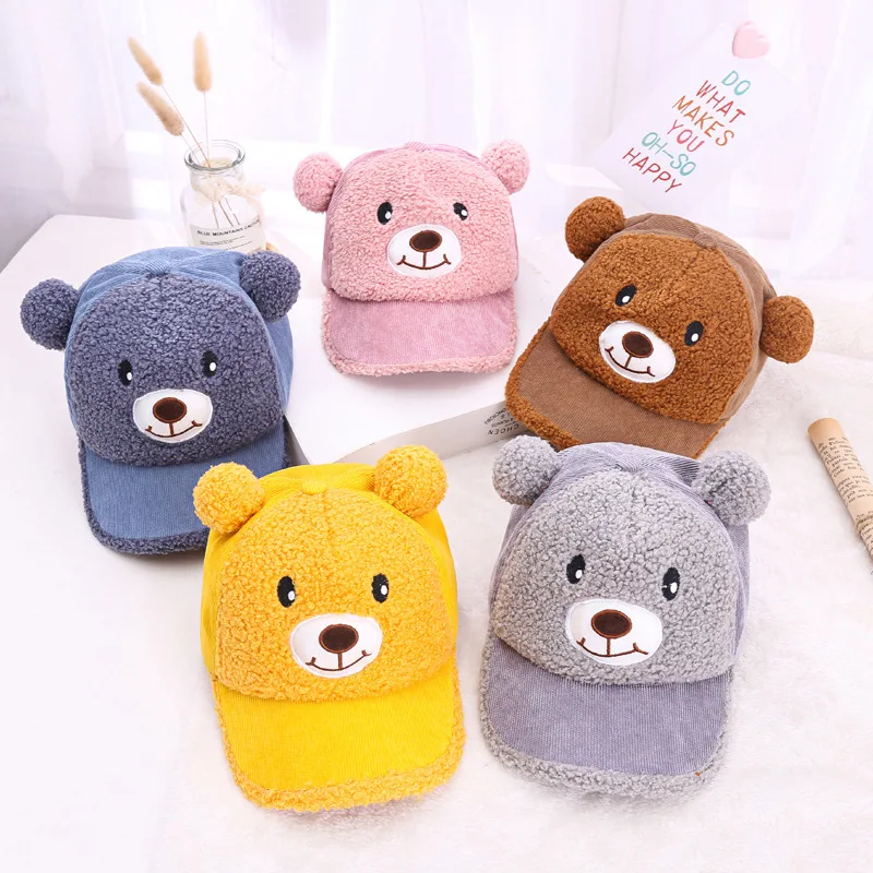 

Children's Baseball Caps Autumn Winter Warm Thickened Baby Boy Girl Hat Cute Bear Sun Hats Dropshipping Freeship 2-8 Years Old