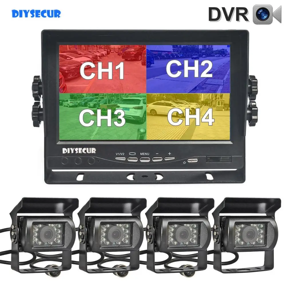 

DIYSECUR AHD 7" 4 Split QUAD IPS Car HD Monitor 1300000 Pixels AHD Rear View LED Camera Waterproof with SD Card Video Recording
