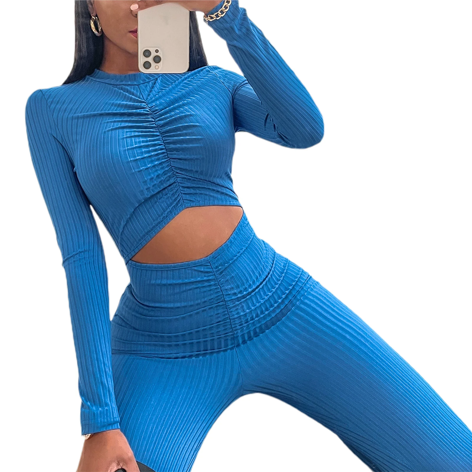 Women’s Casual Long Sleeve Jumpsuit Fashion Solid Color Round Neck Hollow Tight Jumpsuit 
Women’s Casual Long Sleeve Jumpsuit Fashion Solid Color Round Neck Hollow Tight Jumpsuit