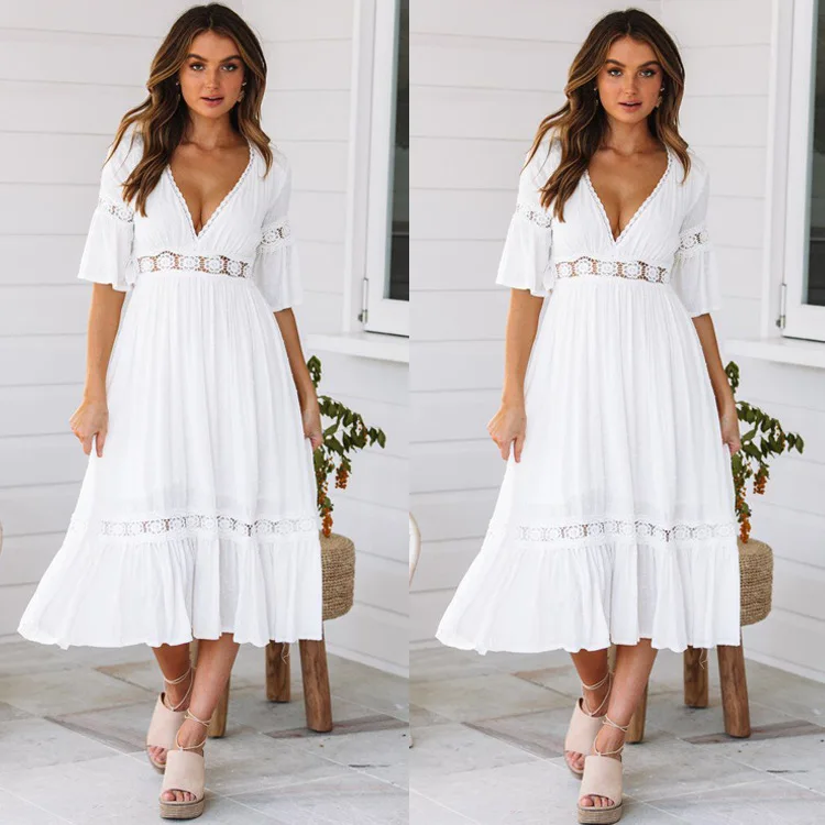White Dress Woman Spring Summer Hollow Out Deep V-neck Casual Long Skirt Bohemian Beach Style Dresses Female Vestido
White Dress Woman Spring Summer Hollow Out Deep V-neck Casual Long Skirt Bohemian Beach Style Dresses Female Vestido
