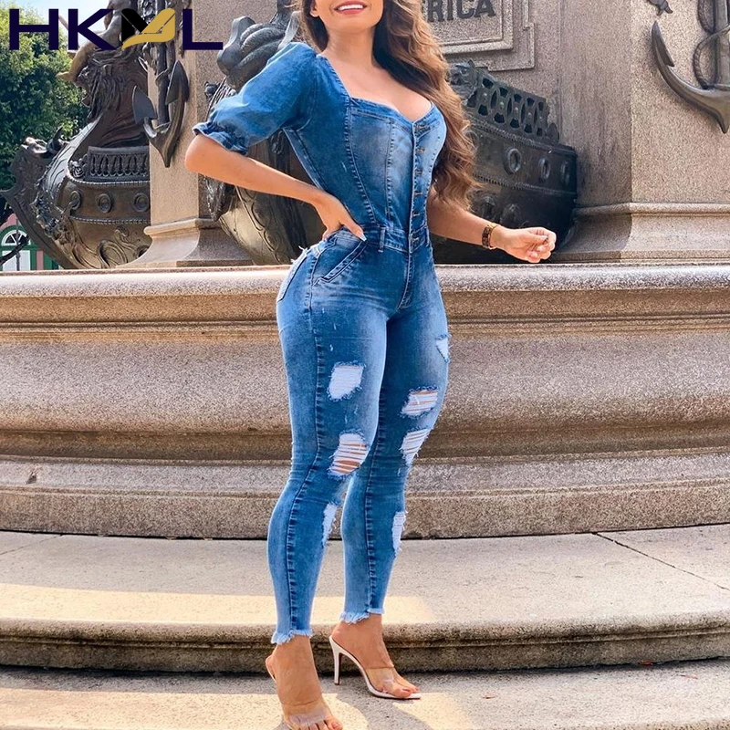 Long Denim Jumpsuit Women Solid Color Poccket Design U Neck Ripped Puff Sleeve Fashion Denim Jumpsuit Summer
Long Denim Jumpsuit Women Solid Color Poccket Design U Neck Ripped Puff Sleeve Fashion Denim Jumpsuit Summer