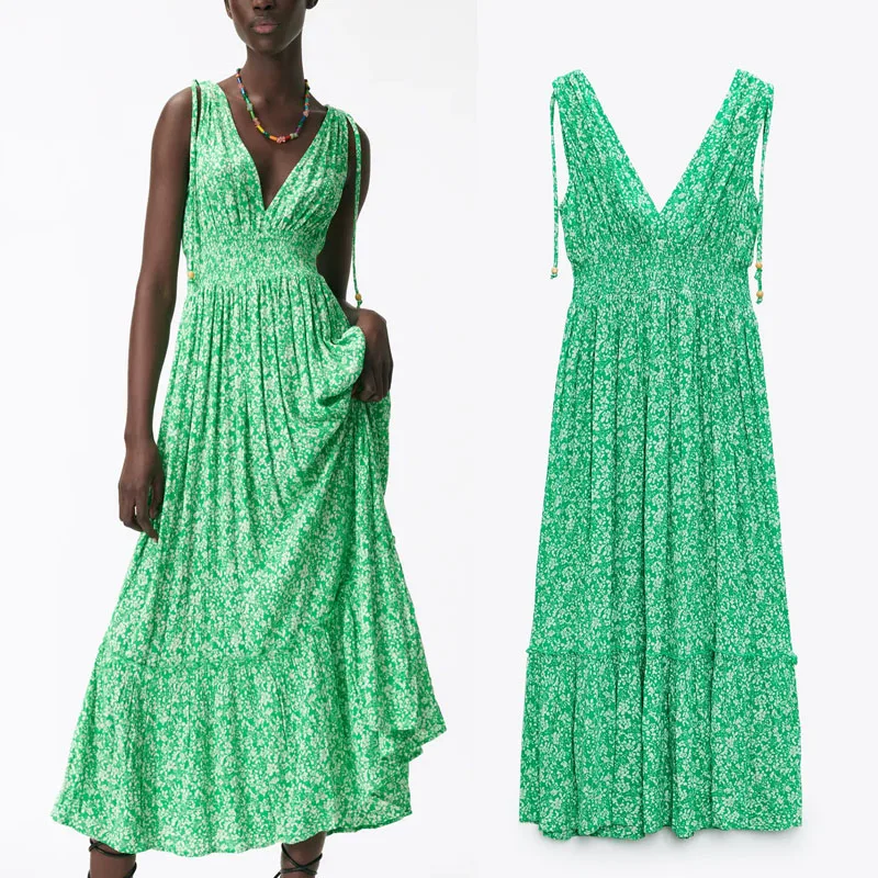 Summer Woman Dress Green Floral Print Za 2021 V-neck Wide Straps Dress Elastic Waist Pleated Long Dresses Women Party Wedding
Summer Woman Dress Green Floral Print Za 2021 V-neck Wide Straps Dress Elastic Waist Pleated Long Dresses Women Party Wedding