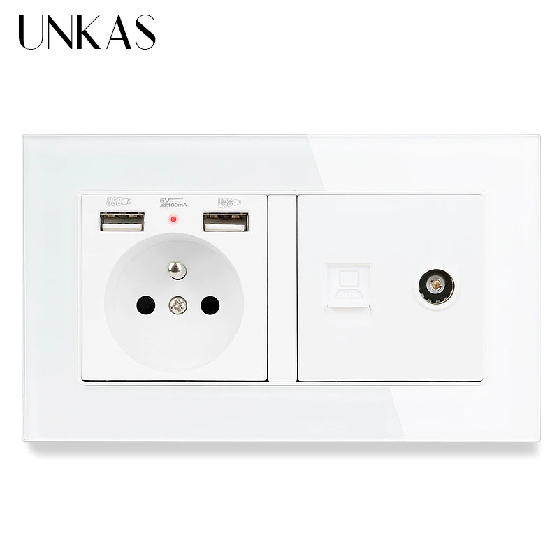 Французская стандартная розетка UNKAS со стеклянной панелью и двойным USB портом +