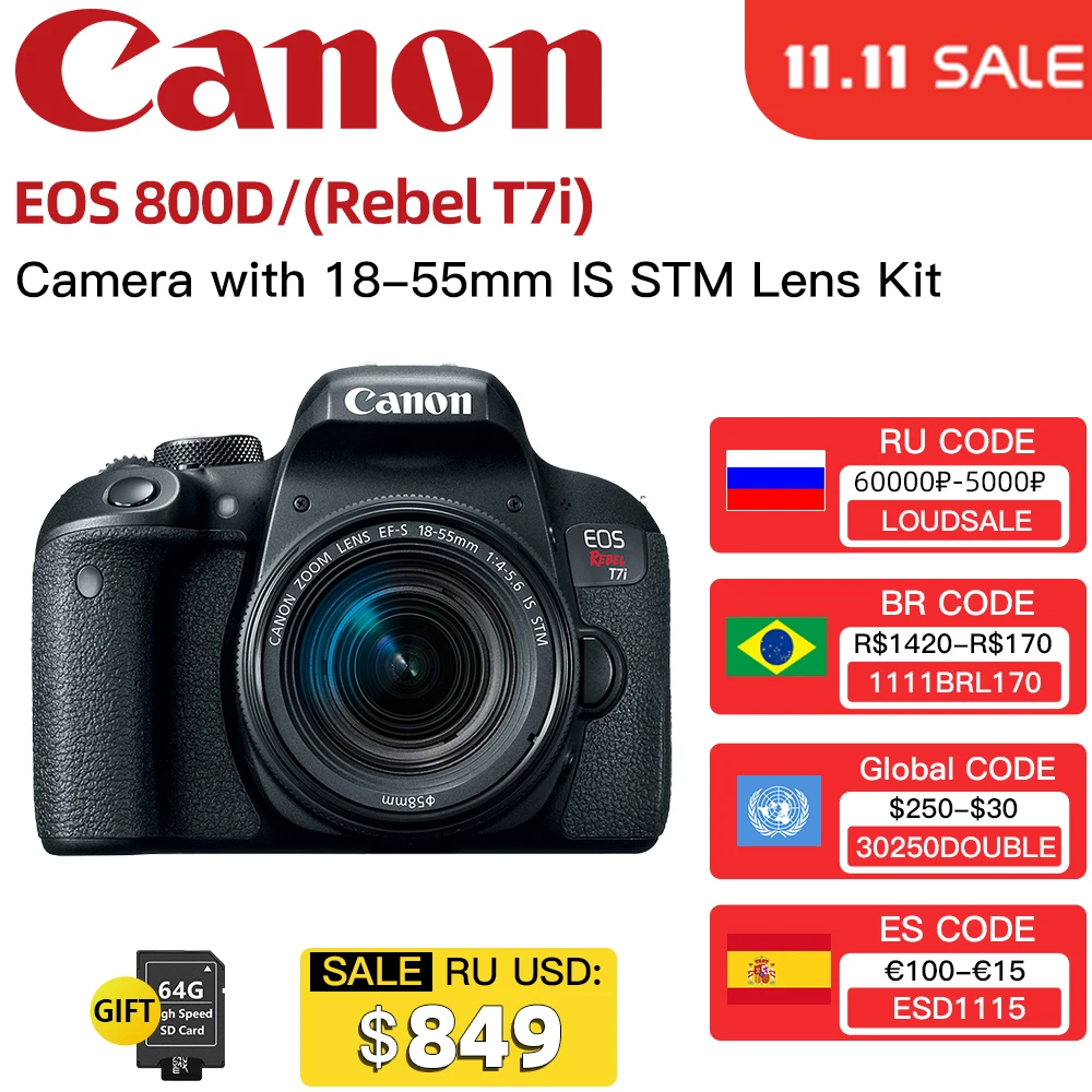 

Canon Brandy new EOS Rebel T7i EF-S 18-55 мм IS STM Lens Kit EOS 800D Сменный объектив Цифровая камера s цифровая зеркальная камера
