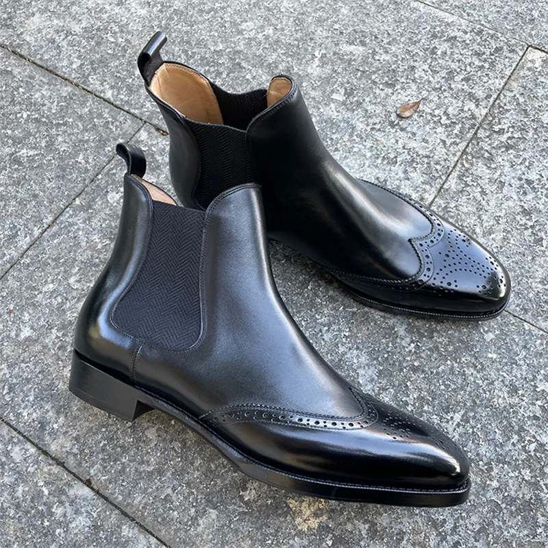 

Sipriks Genuine Leather Chelsea Boots Elegant Black Retro Wingtip Dress Shoes Italian Goodyear Welted Shoes Slip on Ankle Boots