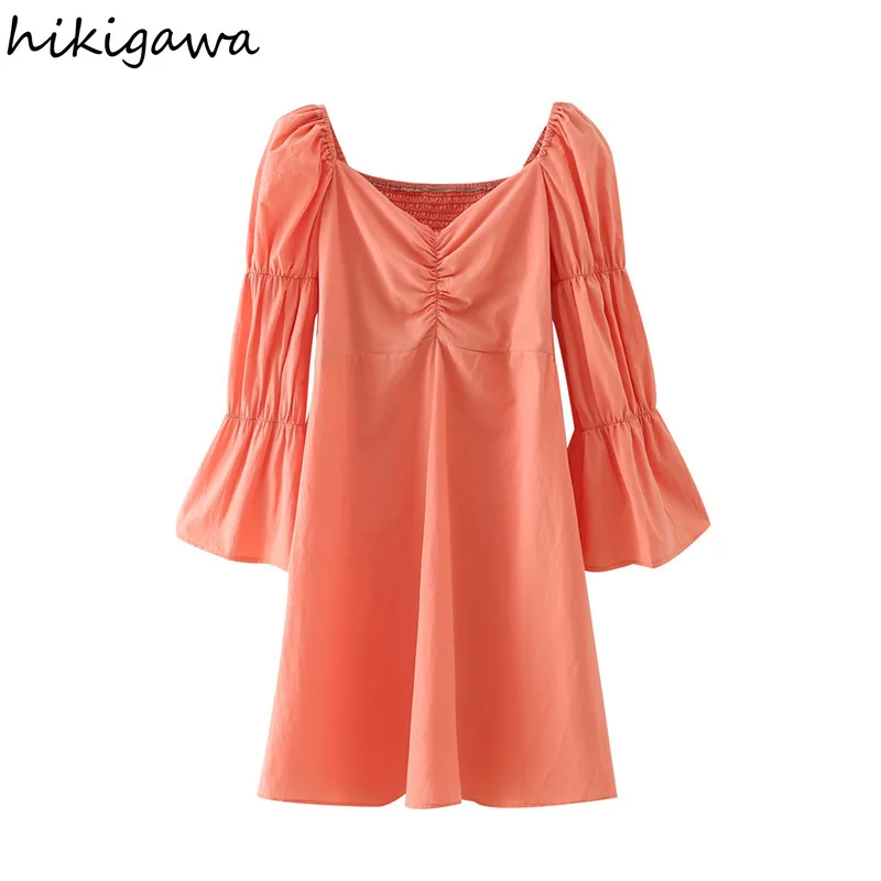 Hikigawa Vestidos Autumn Elegant Gentle V Neck Long Flare Sleeve Pleated Woman Dress Orange High Waist Slim Elegant Dresses 
Hikigawa Vestidos Autumn Elegant Gentle V Neck Long Flare Sleeve Pleated Woman Dress Orange High Waist Slim Elegant Dresses