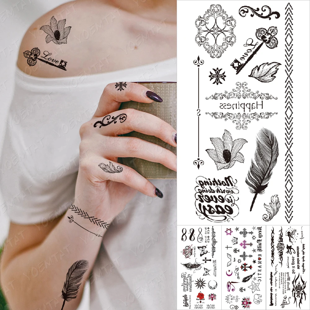 Водостойкая Временная тату-наклейка с перьями надпись Love Body Art на запястье ложные