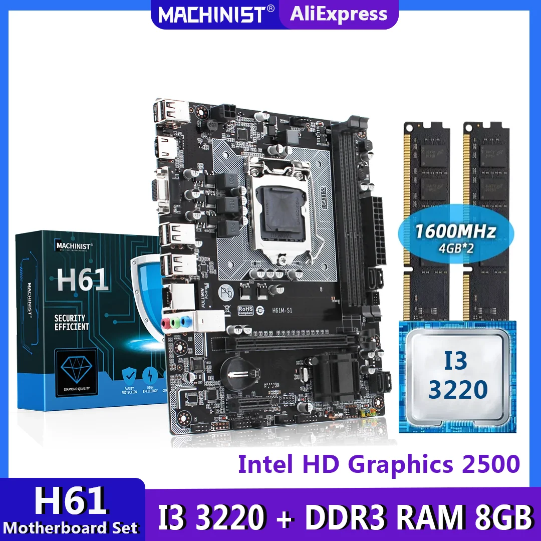 MACHINIST H61 материнская плата LGA1155 комплект с процессором Intel I3 3220 DDR3 8 Гб (2*4 Гб)