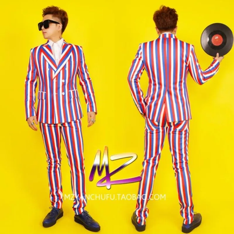 

New Men Singer DJ Performance Red and Blue Striped Suit Nightclub Guests Stage costume Bar Male Fashion personality Jackets