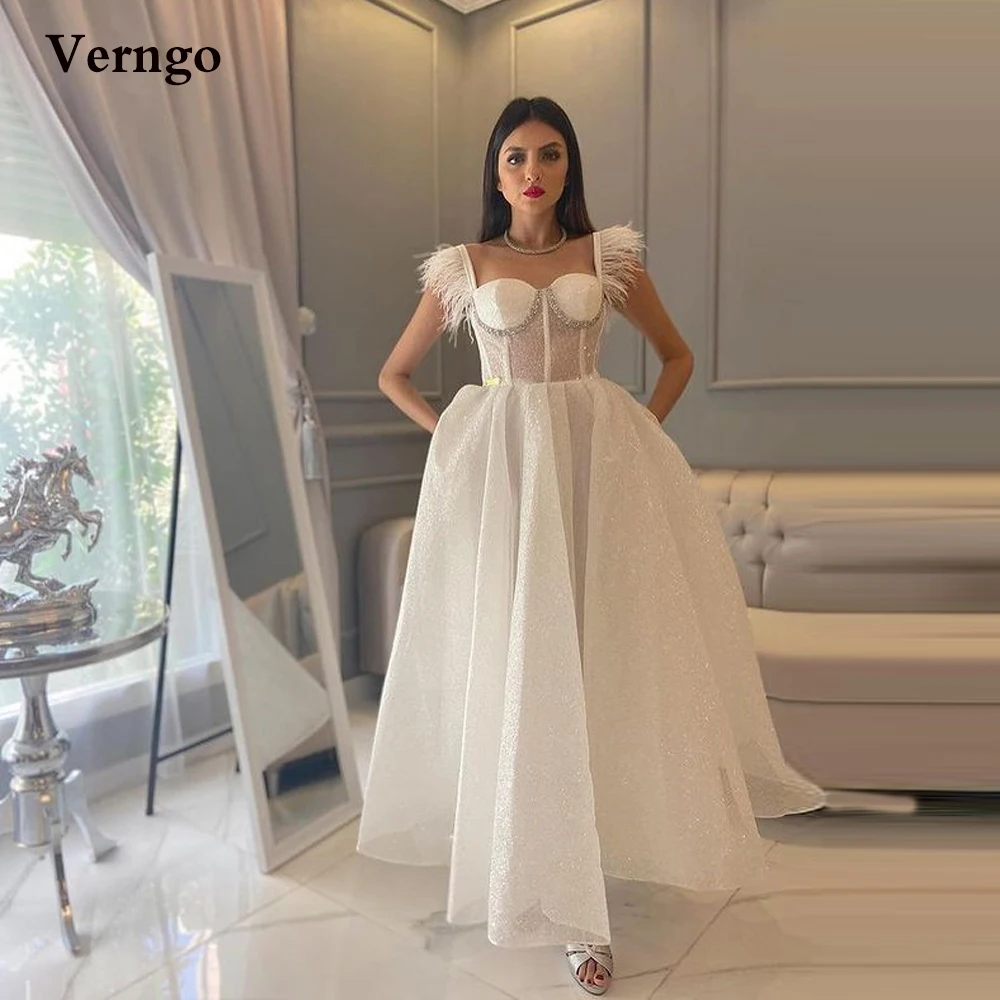 Verngo Glitter White A Line Prom Dresses Feather Sleeves Sweetheart Ankle Length Saudi Arabic Women Evening Party Gowns
Verngo Glitter White A Line Prom Dresses Feather Sleeves Sweetheart Ankle Length Saudi Arabic Women Evening Party Gowns