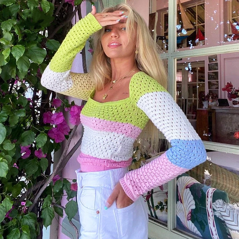 Autumn New Color Block Sweaters Chic Hollow Long Sleeve Square Collar Knitted Pullover Crop Tops Fashion Slim Tops
Autumn New Color Block Sweaters Chic Hollow Long Sleeve Square Collar Knitted Pullover Crop Tops Fashion Slim Tops
