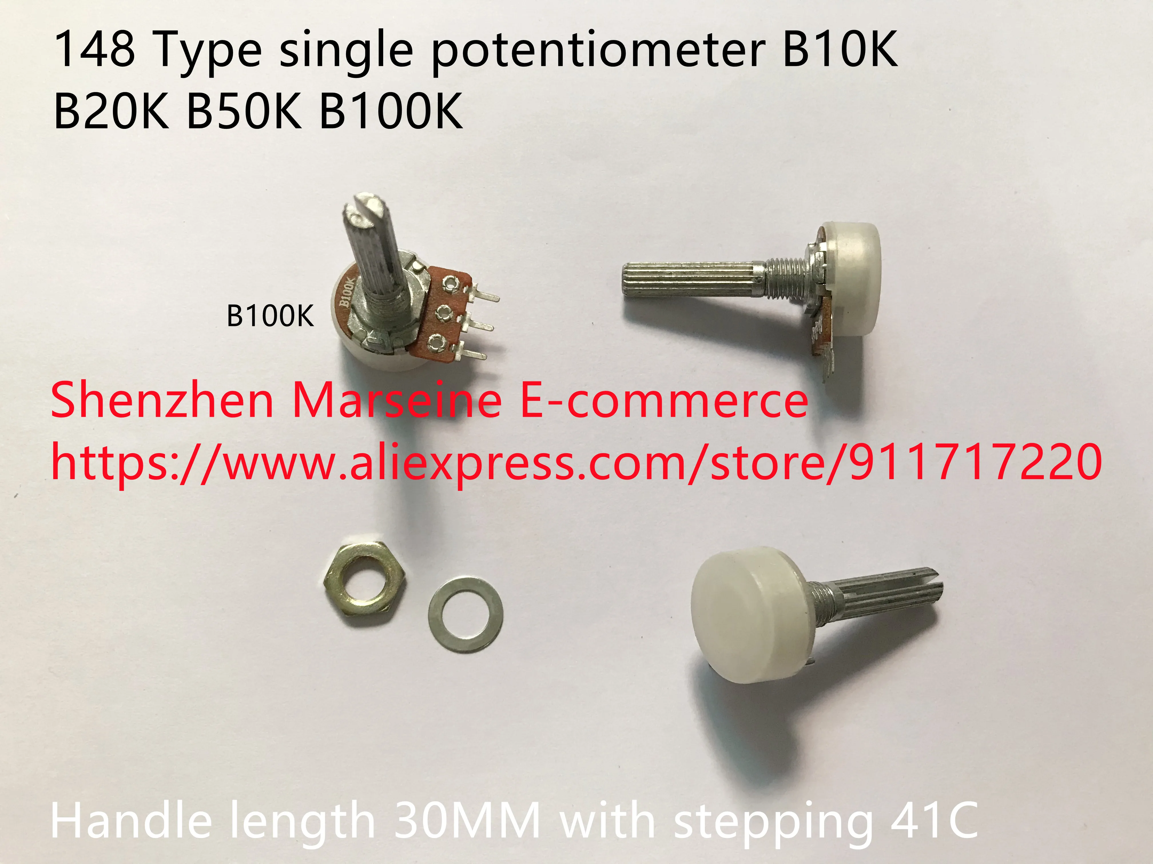 

Original New 100% 148 Type single potentiometer B10K B20K B50K B100K handle length 30MM with stepping 41C (SWITCH)