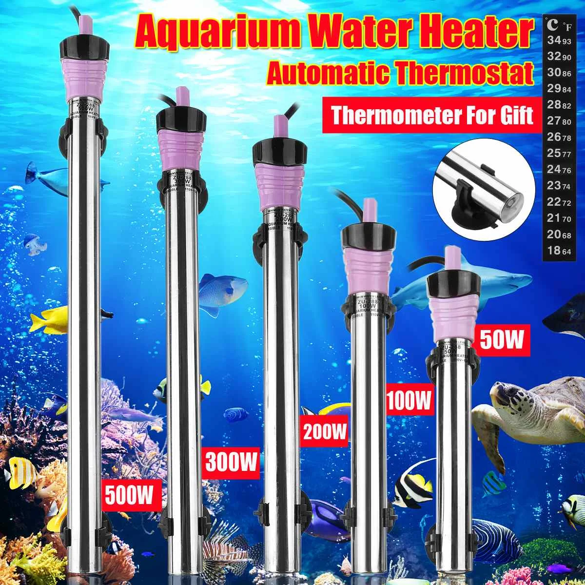 Stainless Submersible Aquarium Heater Fish Tank Steel Temperature Thermostat 50W/100W/200W/300W/500W heating rod Power Savin
Stainless Submersible Aquarium Heater Fish Tank Steel Temperature Thermostat 50W/100W/200W/300W/500W heating rod Power Savin