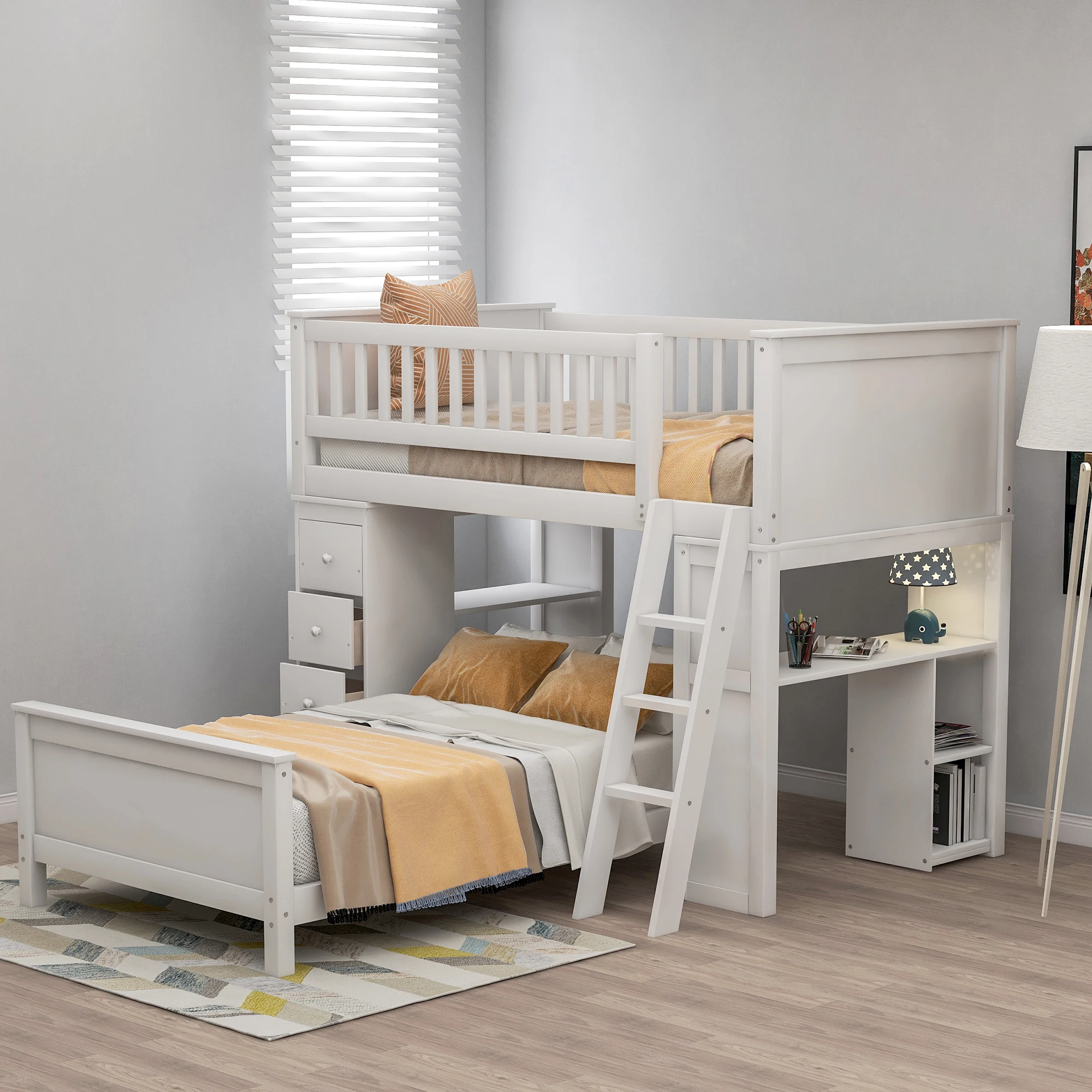 "Twin over Twin Bed with Drawers and shelves, White High-quality materials, suitable for large families
"Twin over Twin Bed with Drawers and shelves, White High-quality materials, suitable for large families