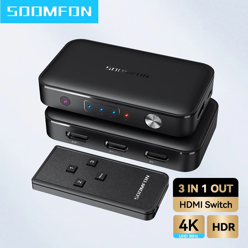 SOOMFON 4K HDMI Switch 3 in 1 Out HDMI Switcher Splitter for Xiaomi Mi Box 4k@30Hz for Switch PS4 XBox with IR Remote Control
SOOMFON 4K HDMI Switch 3 in 1 Out HDMI Switcher Splitter for Xiaomi Mi Box 4k@30Hz for Switch PS4 XBox with IR Remote Control