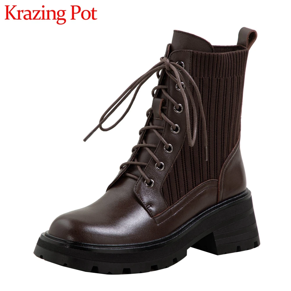 Krazing Pot real cow leather winter punk boots street neutral round toe retro thick bottom high heels cross-tied ankle boots l06
Krazing Pot real cow leather winter punk boots street neutral round toe retro thick bottom high heels cross-tied ankle boots l06