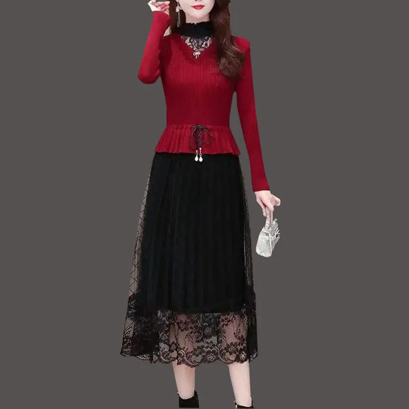 Knitted Cotton Long Spring Dress Fashion O-Neck Lace double layer sexy charm Long sleeve two-piece suit Dress Vestido Party Robe
Knitted Cotton Long Spring Dress Fashion O-Neck Lace double layer sexy charm Long sleeve two-piece suit Dress Vestido Party Robe