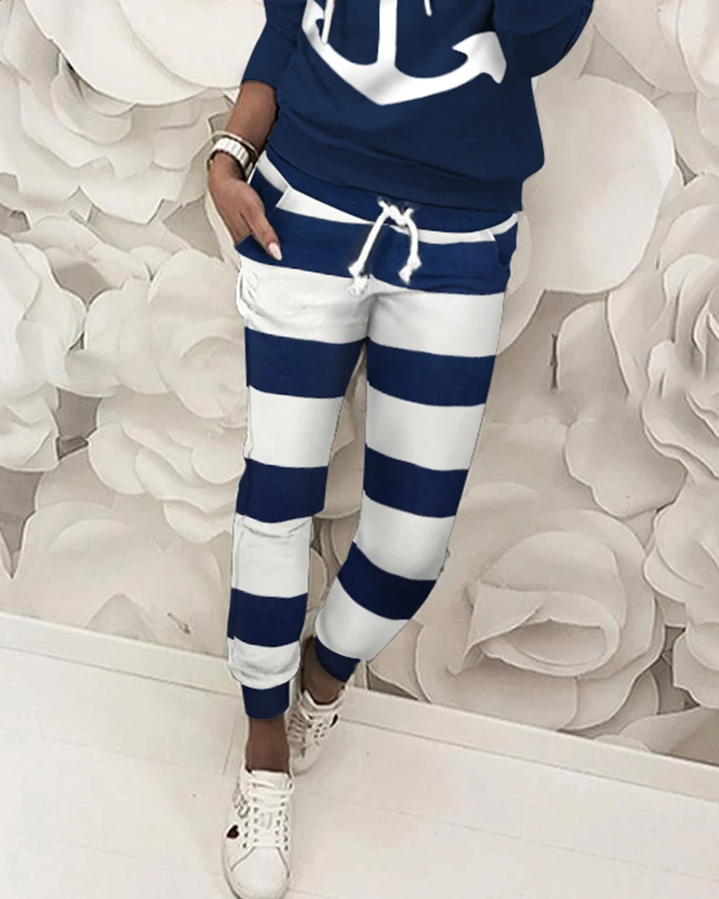 Women Spring Boat Anchor Print Striped Hooded Top & Pant Sets Female Homewear Pajamas Set Ladies Casual Sports Hoodie Suit Sets
Women Spring Boat Anchor Print Striped Hooded Top & Pant Sets Female Homewear Pajamas Set Ladies Casual Sports Hoodie Suit Sets