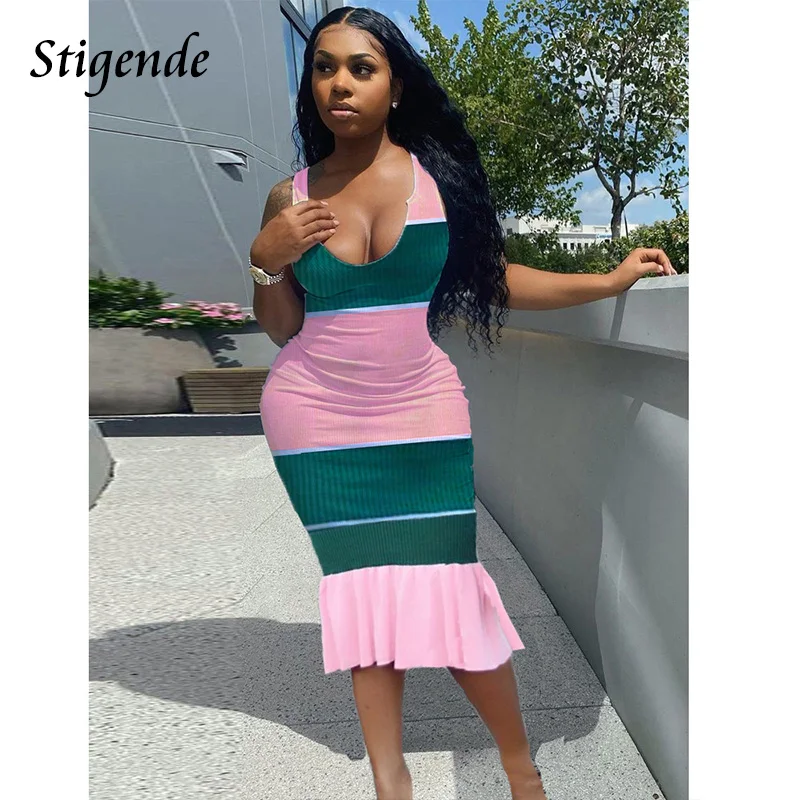 Stigende Women Sexy V Neck Midi Ruffle Dress Summer Patchwofk Bodycon Sleeveless Striped Dress
Stigende Women Sexy V Neck Midi Ruffle Dress Summer Patchwofk Bodycon Sleeveless Striped Dress