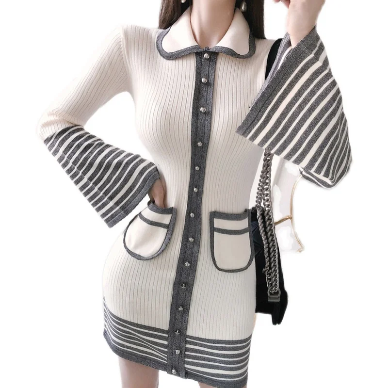Cotday Flare Sleeve Turn-down Collar Striped Splicing Single Breasted Pockets Spring And Autumn Women Knitted Sweater Dress 
Cotday Flare Sleeve Turn-down Collar Striped Splicing Single Breasted Pockets Spring And Autumn Women Knitted Sweater Dress