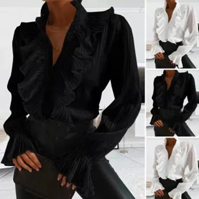 Retro long-sleeved blouse elegant solid color ruffled casual ladies shirt loose trumpet sleeve chiffon shirt 2021 autumn new
Retro long-sleeved blouse elegant solid color ruffled casual ladies shirt loose trumpet sleeve chiffon shirt 2021 autumn new