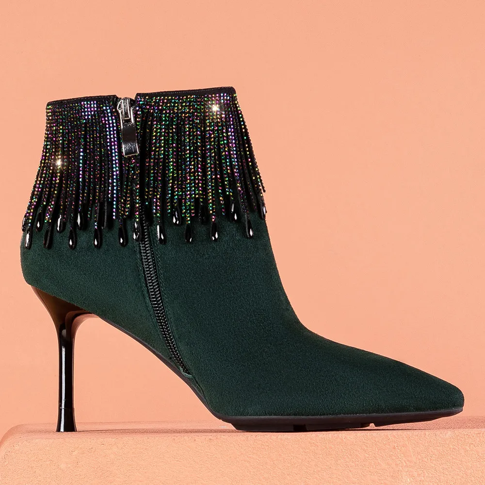 Women's real suede leather sexy thin high heel pointed toe autumn ankle boots crystal fringe elegant ladies evening dress shoes
Women's real suede leather sexy thin high heel pointed toe autumn ankle boots crystal fringe elegant ladies evening dress shoes