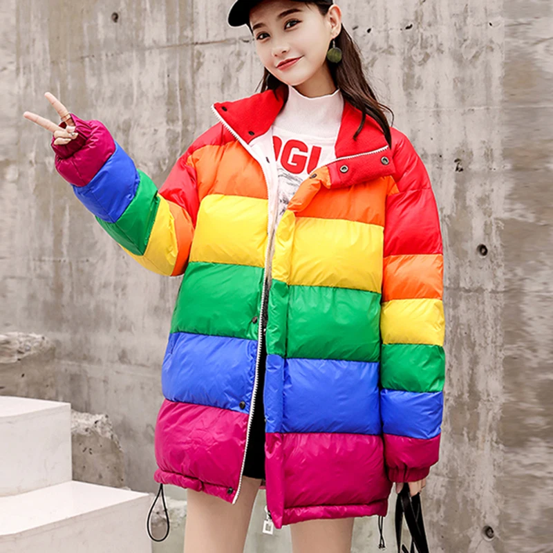 Winter Warm Down Jacket Thicken Women Parkas Rainbow Spliced Winter Coat Loose Women Cotton Jackets Streetwear Outerwear
Winter Warm Down Jacket Thicken Women Parkas Rainbow Spliced Winter Coat Loose Women Cotton Jackets Streetwear Outerwear