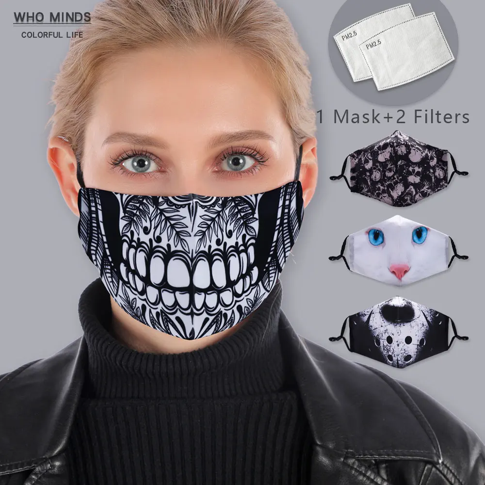 

Halloween Skull Stylish Reusable Mouth Mask For face Mask With Filter PM 2.5 Adjustable Straps Mask Washable Anti Dust Masks