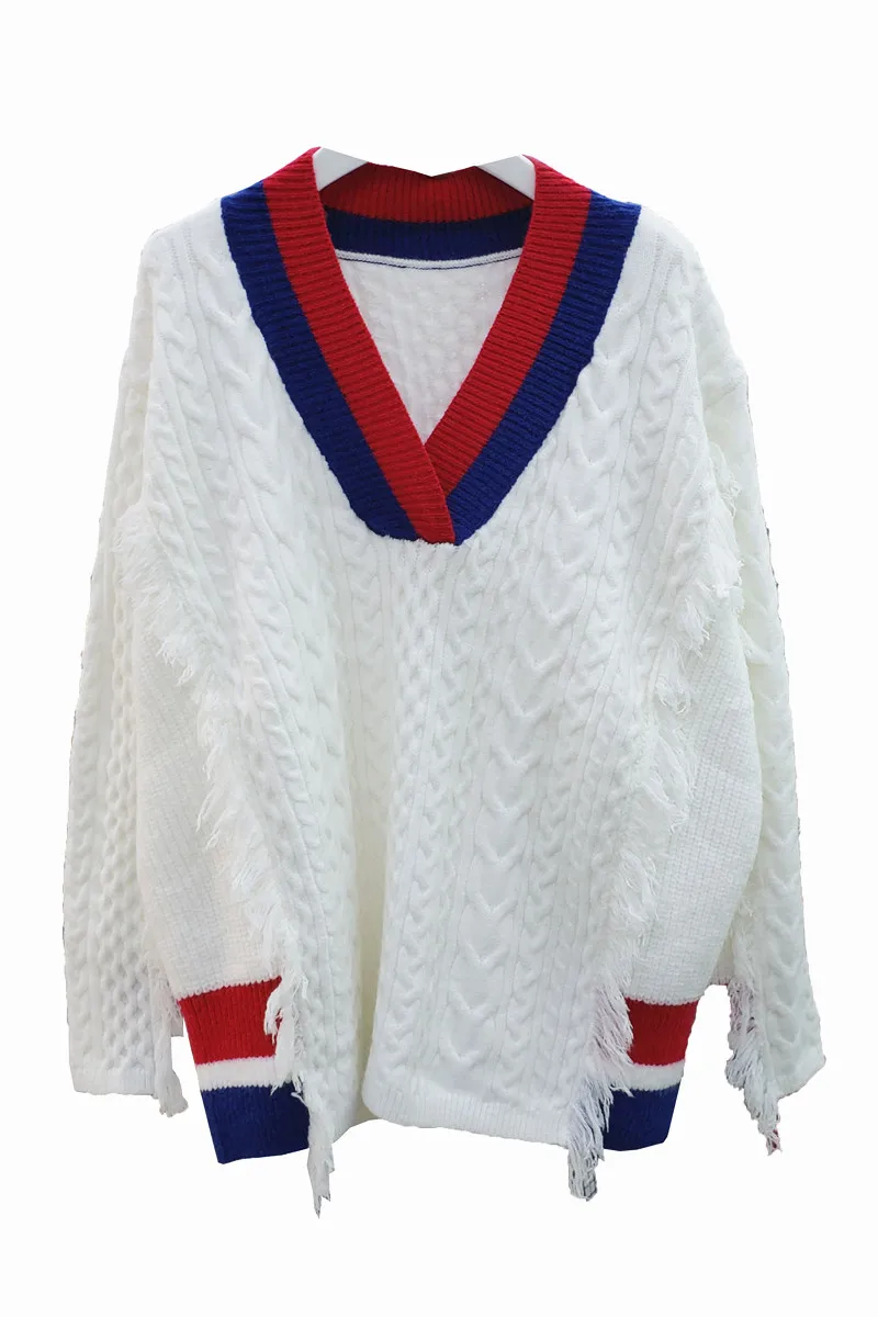 SuperAen Autumn 2021 New Loose V-neck Hemp Tasser Patchwork Full Knit Sweater Women
SuperAen Autumn 2021 New Loose V-neck Hemp Tasser Patchwork Full Knit Sweater Women