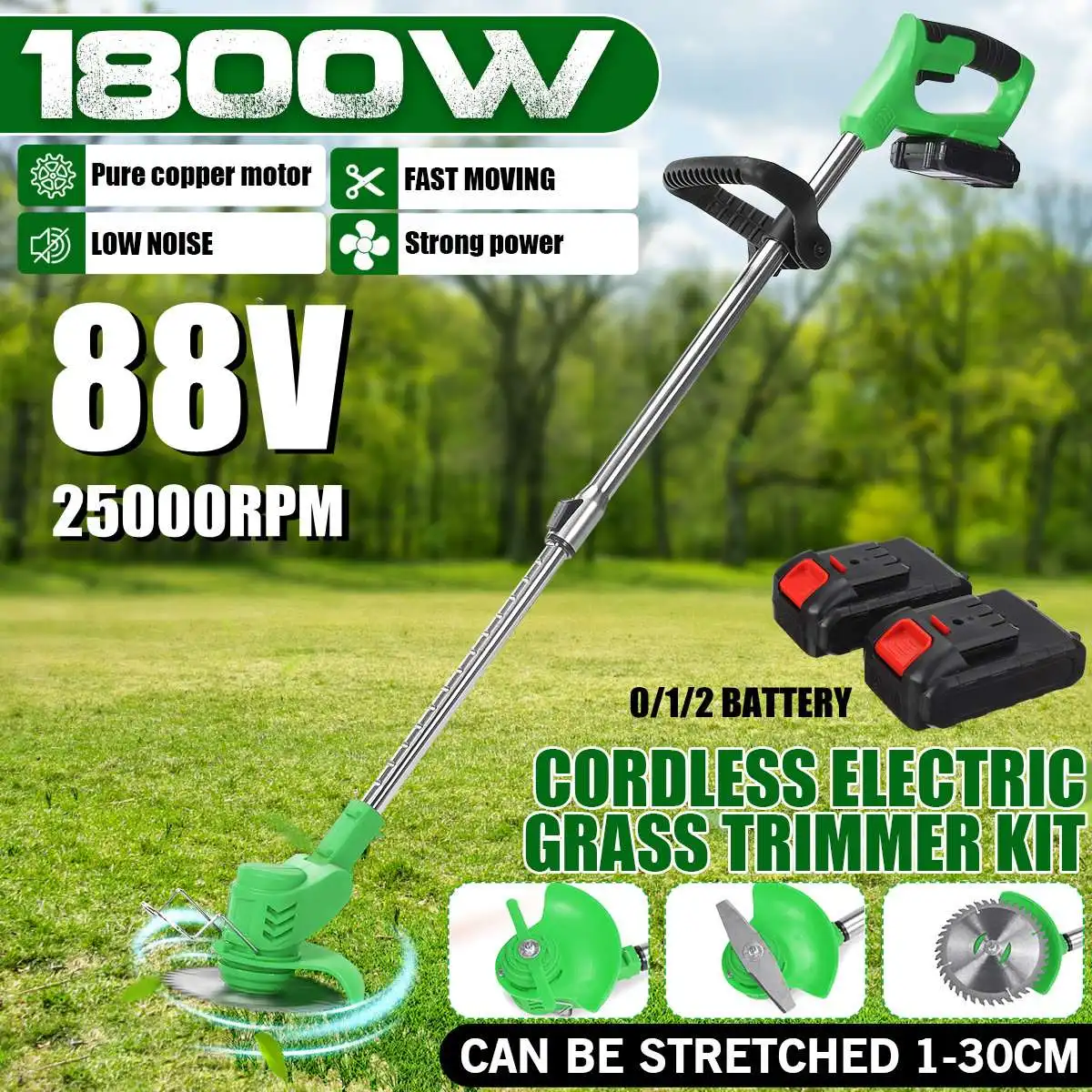 

88VF 1800 Вт Электрический триммер для травы с 2 батареями Беспроводная газонокосилка Регулируемая длина садовый обрезные кусачки инструмент