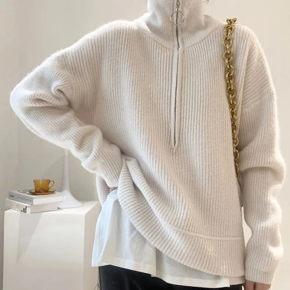 Women's Zip Turtleneck Sweaters Solid Weave Loose Soft Sweaters Thick Pullovers Women Winter Warmmer Clothes
Women's Zip Turtleneck Sweaters Solid Weave Loose Soft Sweaters Thick Pullovers Women Winter Warmmer Clothes