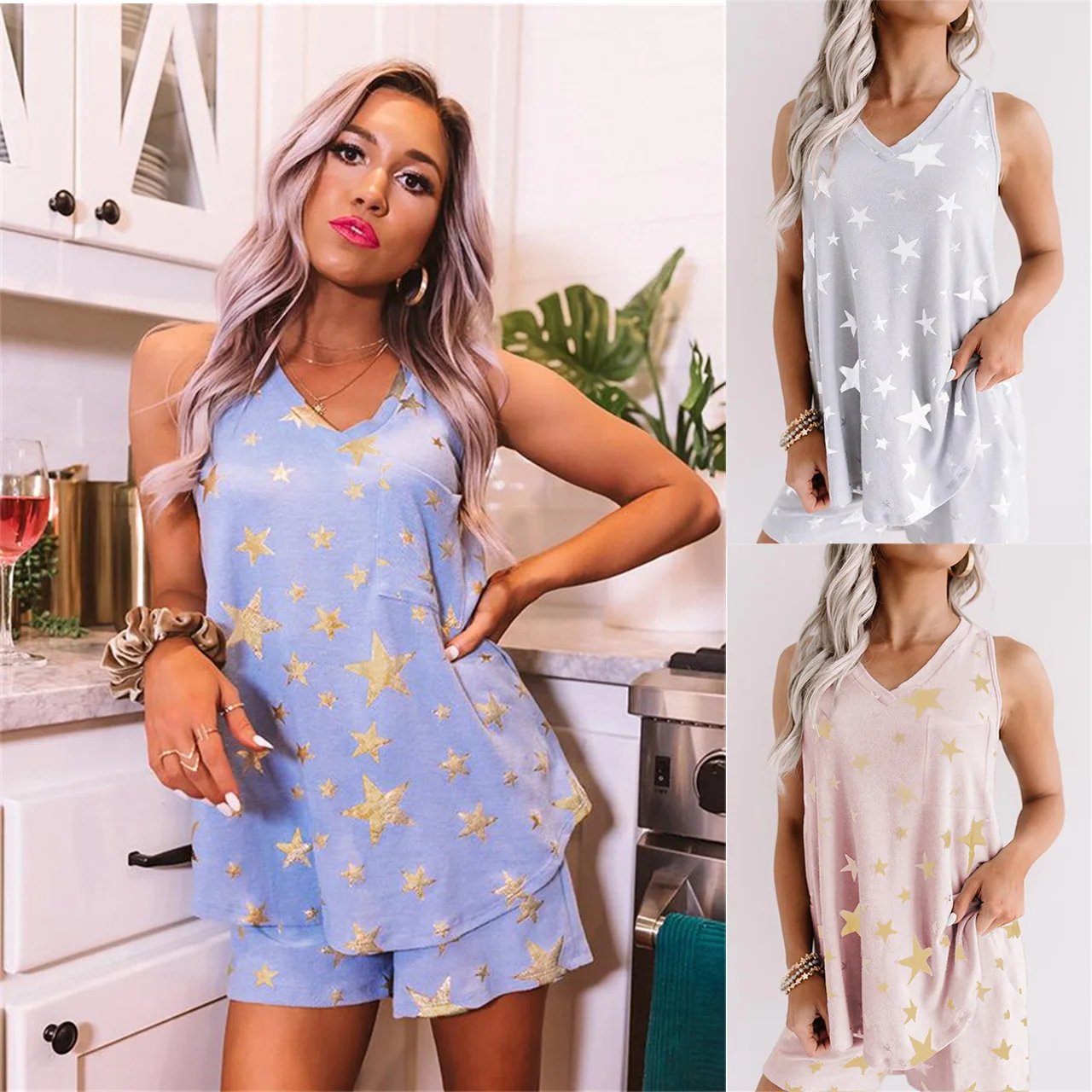 Two Piece Nightdress Summer Fashion Star Print V-neck Sexy Casual Loose Women's Sleeveless Short Pajamas SS364
Two Piece Nightdress Summer Fashion Star Print V-neck Sexy Casual Loose Women's Sleeveless Short Pajamas SS364