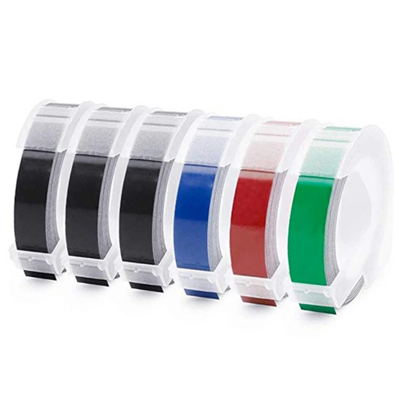 

6 Roll Embossing Label Maker Tape 3D Plastic 9mm x 3m Embossing Label Tape White on Black/ Blue/ Red/ Green for Dymo Label Maker