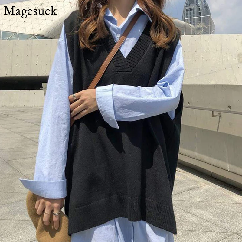 Пуловер, женский свитер, Осень-зима, корейский вязаный свитер, черный жилет, Свободные повседневные Джемперы, свитера без рукавов, 16840 
Пуловер, женский свитер, Осень-зима, корейский вязаный свитер, черный жилет, Свободные повседневные Джемперы, свитера без рукавов, 16840