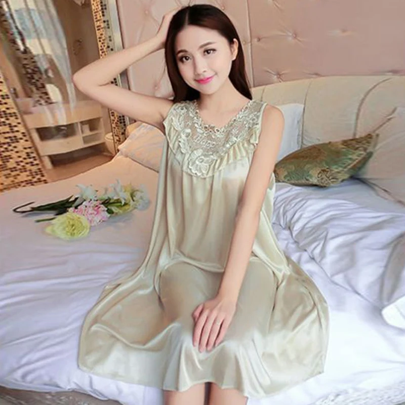 Summer Women Silk Sleeveless Sleepshirts Simulation Silk Solid Color Ladies Knee-length Nightgown
Summer Women Silk Sleeveless Sleepshirts Simulation Silk Solid Color Ladies Knee-length Nightgown