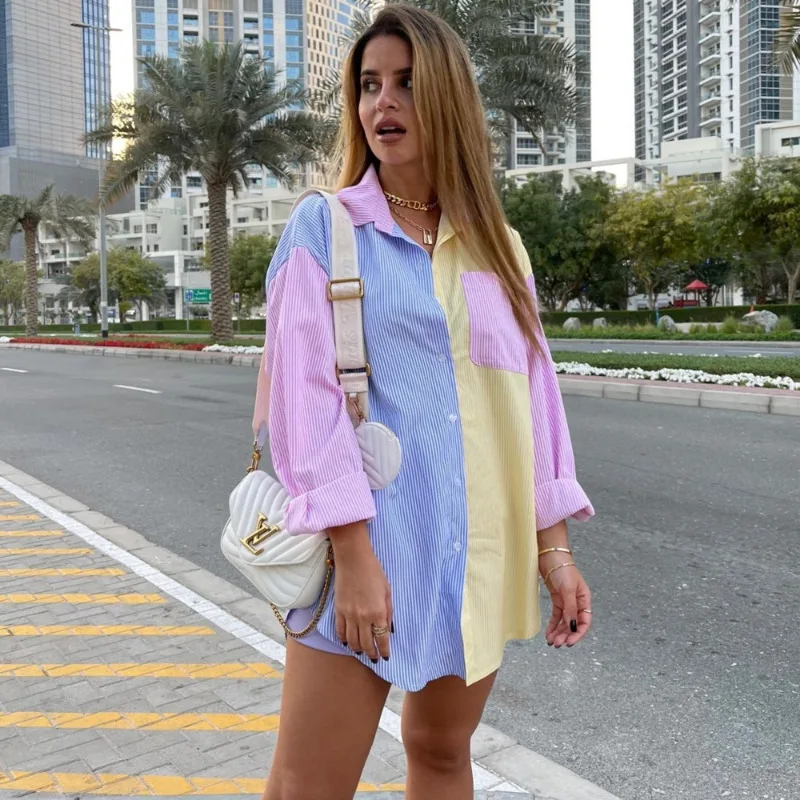 2021 Women Shirt Contrast Color Patchwork Blouses And Shirts Single-breasted Women Clothing Top Oversized Tops Hawaiian Shirt
2021 Women Shirt Contrast Color Patchwork Blouses And Shirts Single-breasted Women Clothing Top Oversized Tops Hawaiian Shirt