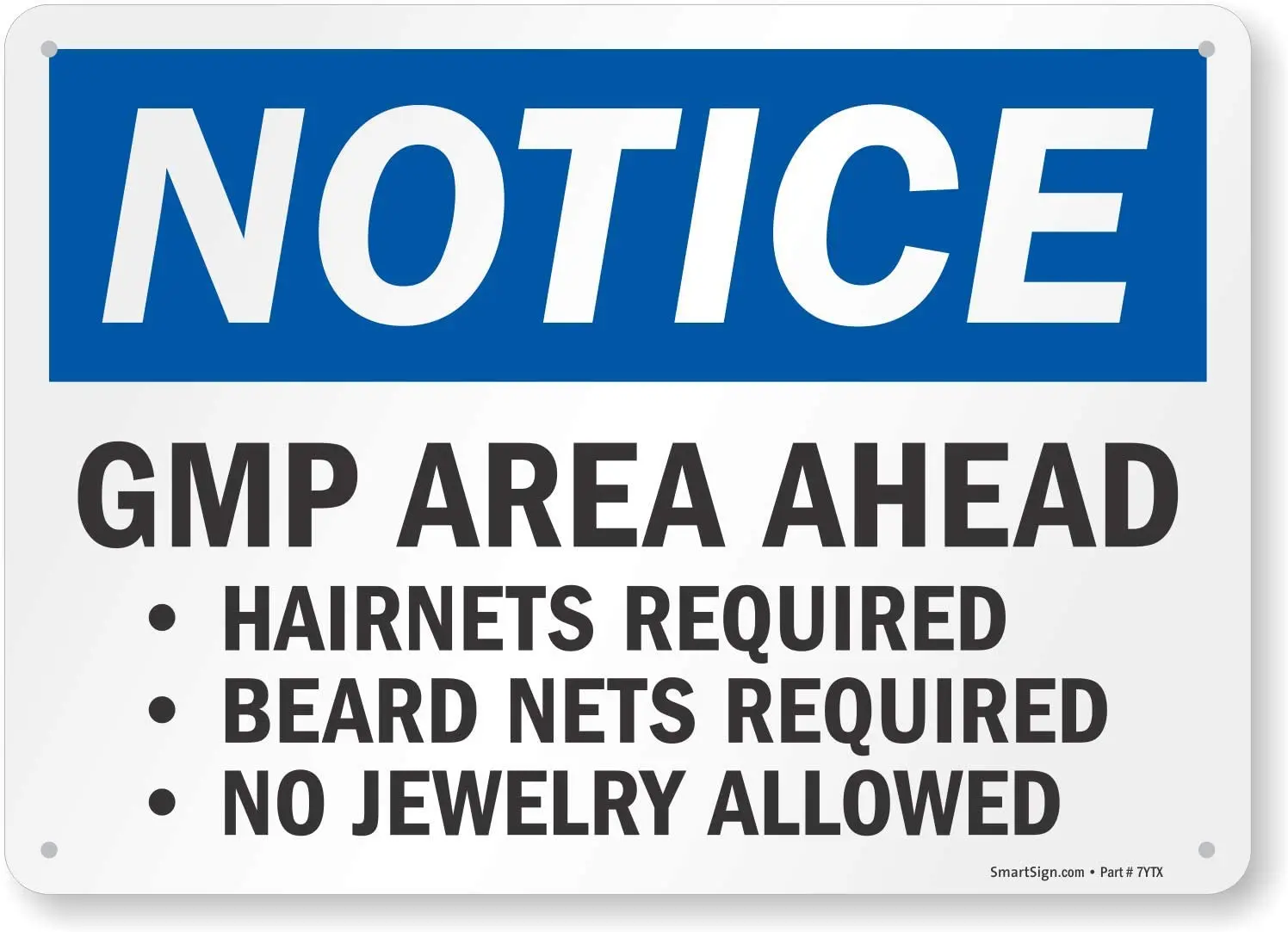 SmartSign "Notice: GMP Area Ahead Hairnets, Beard Nets Required" Sign |8" x 12" Plastic
SmartSign "Notice: GMP Area Ahead Hairnets, Beard Nets Required" Sign |8" x 12" Plastic