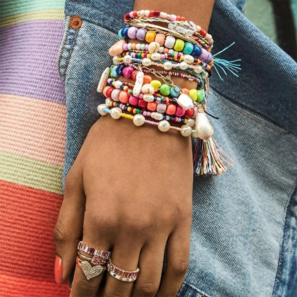 Фото 2019 богемные акриловые бусины браслеты для женщин многоцветные стеклянные ручной