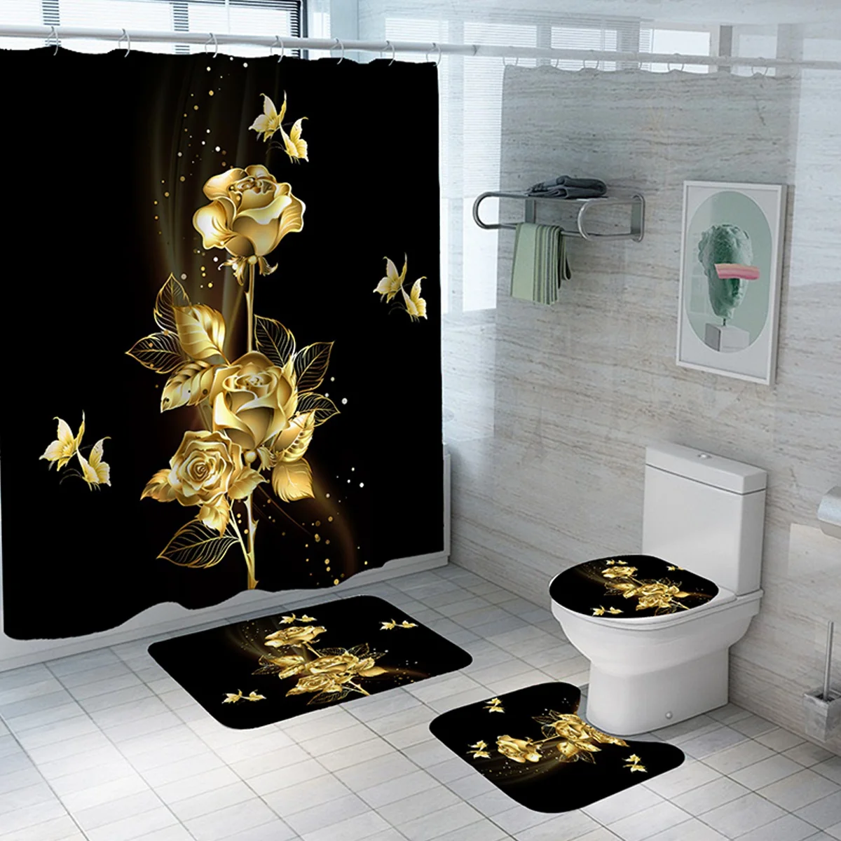 Golden Rose Black Bathroom Set Shower Curtain With Bath Mat Carpet For Bathroom Decoration Bathroom Accessories Bathroom Set
Golden Rose Black Bathroom Set Shower Curtain With Bath Mat Carpet For Bathroom Decoration Bathroom Accessories Bathroom Set