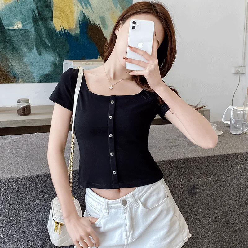 2021 Spring And Summer New Korean Style Square Collar Short Sleeve Wild Personality Button Short T-Shirt Women
2021 Spring And Summer New Korean Style Square Collar Short Sleeve Wild Personality Button Short T-Shirt Women