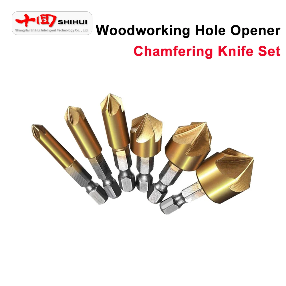 6-19mm Woodworking Chamfering Tool Set 6Pcs Hole Opener Hexagonal Handle Titanium Plated Five Edge Chamfering Tool 
6-19mm Woodworking Chamfering Tool Set 6Pcs Hole Opener Hexagonal Handle Titanium Plated Five Edge Chamfering Tool