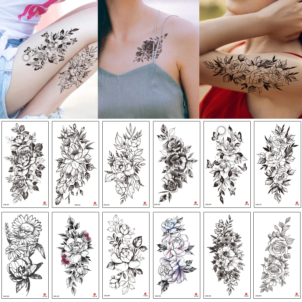 Эскиз цветок татуировка наклейка искусственный черный красивый пион роза