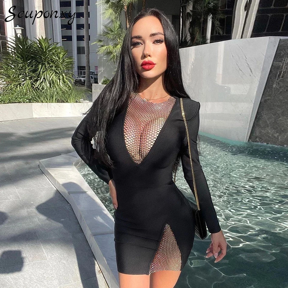 High-Quality Autumn 2021 New Mesh Bodycon Bandage Dress Sexy O-Neck Diamond Long-Sleeved Hollow Celebrity Party Elegant Dress
High-Quality Autumn 2021 New Mesh Bodycon Bandage Dress Sexy O-Neck Diamond Long-Sleeved Hollow Celebrity Party Elegant Dress