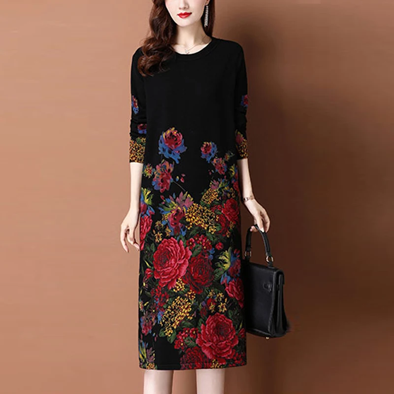 Женское трикотажное платье-свитер, свободное трикотажное платье с винтажным черным цветочным принтом, Осень-зима 2021
Женское трикотажное платье-свитер, свободное трикотажное платье с винтажным черным цветочным принтом, Осень-зима 2021