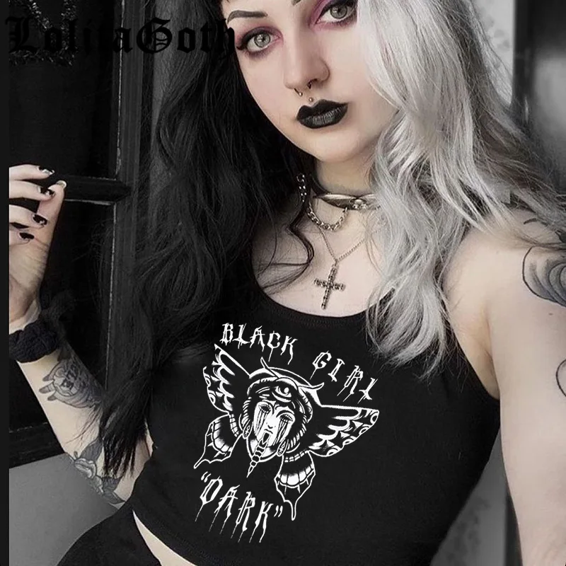 Lolita Goth Sexy Bodycon Crop Tops Harajuku Letter Print Black Tanks Streetwear Punk Gothic Style Tank Summer Basic Tops
Lolita Goth Sexy Bodycon Crop Tops Harajuku Letter Print Black Tanks Streetwear Punk Gothic Style Tank Summer Basic Tops