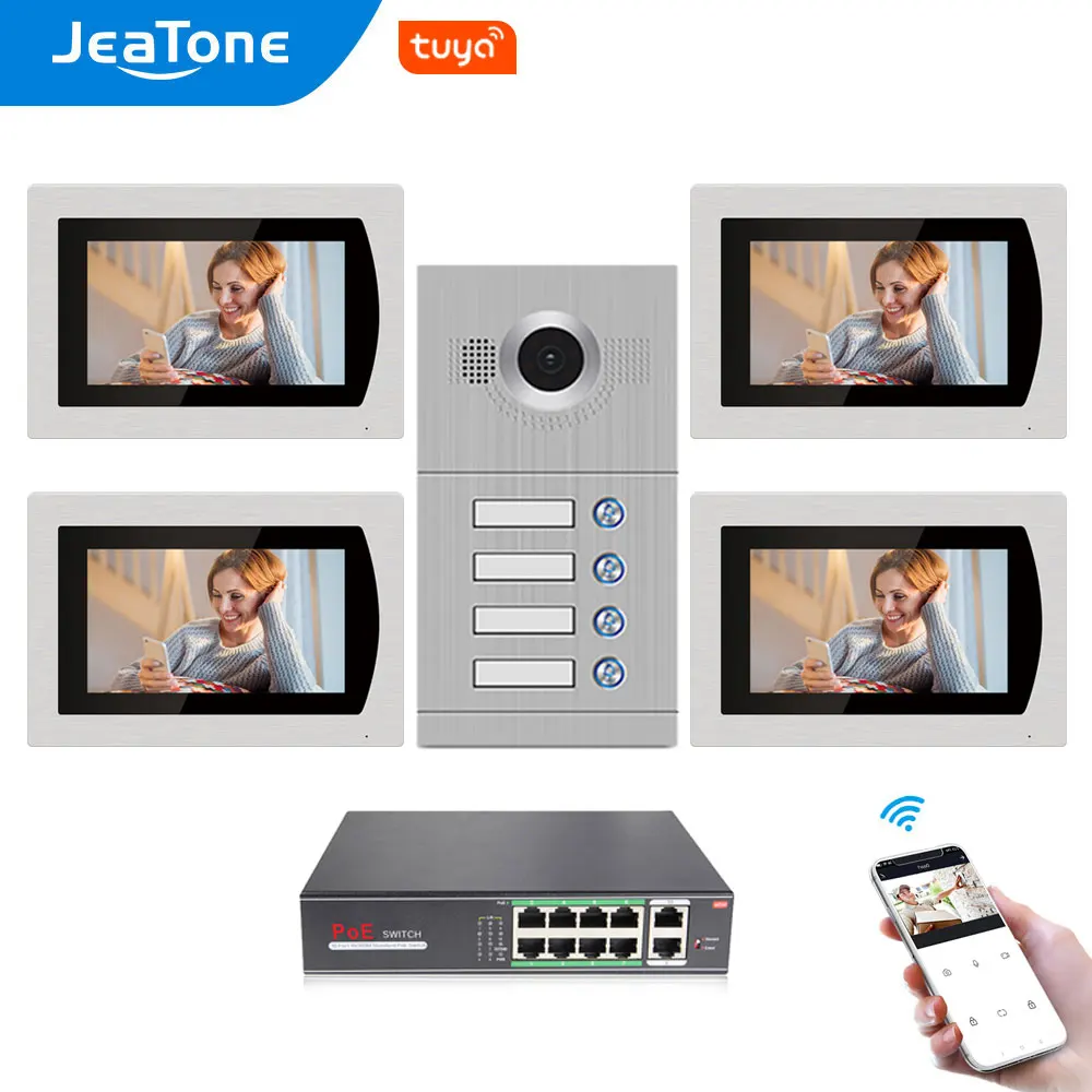 

Jeatone 7''Touch Screen WiFi IP Video Door Phone for 4 Apartments with 8 Zone Alarm,Support Free Tuya Smart APP Control Function